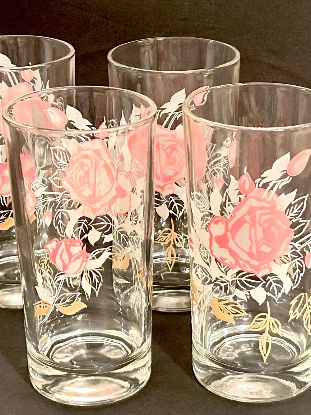 Vintage Mid Century Pink Rose Highball Drinking Glasses - Set of 4